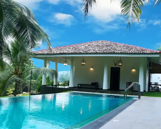 A beautiful house with a big clean pool in front of the house