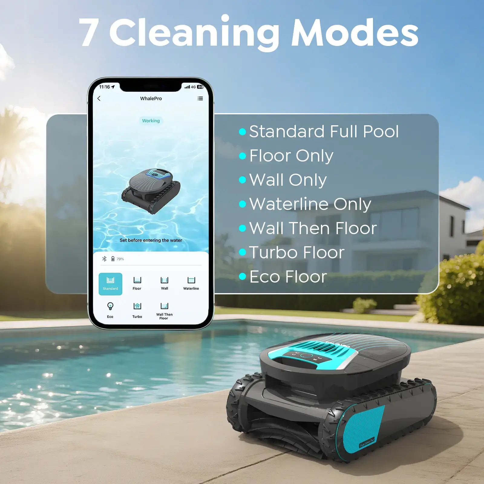 Robotic pool cleaner with smartphone app interface and pool in background