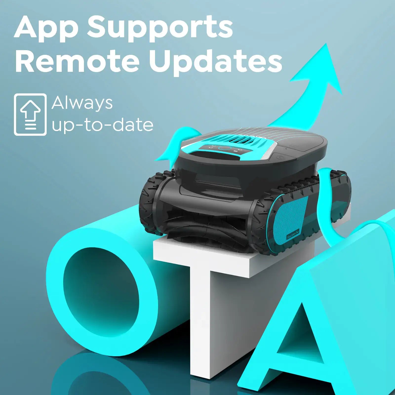 Robotic device on a stand with text about app-supported remote updates on a blue background