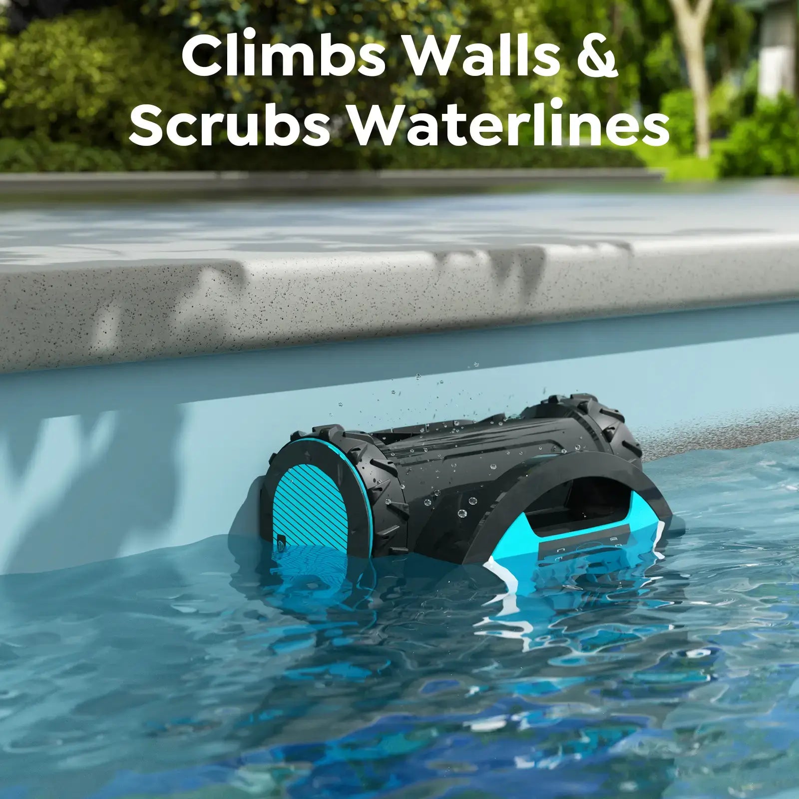 Robotic pool cleaner in a pool with text 'Climbs Walls & Scrubs Waterlines' above it.