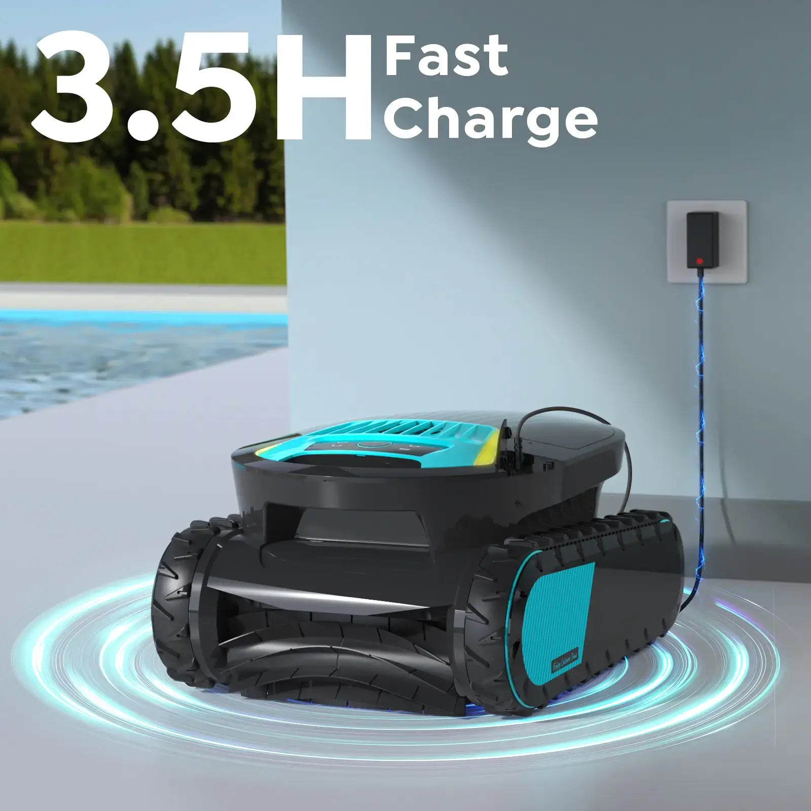 Robotic pool cleaner charging on a dock with '3.5H Fast Charge' text.
