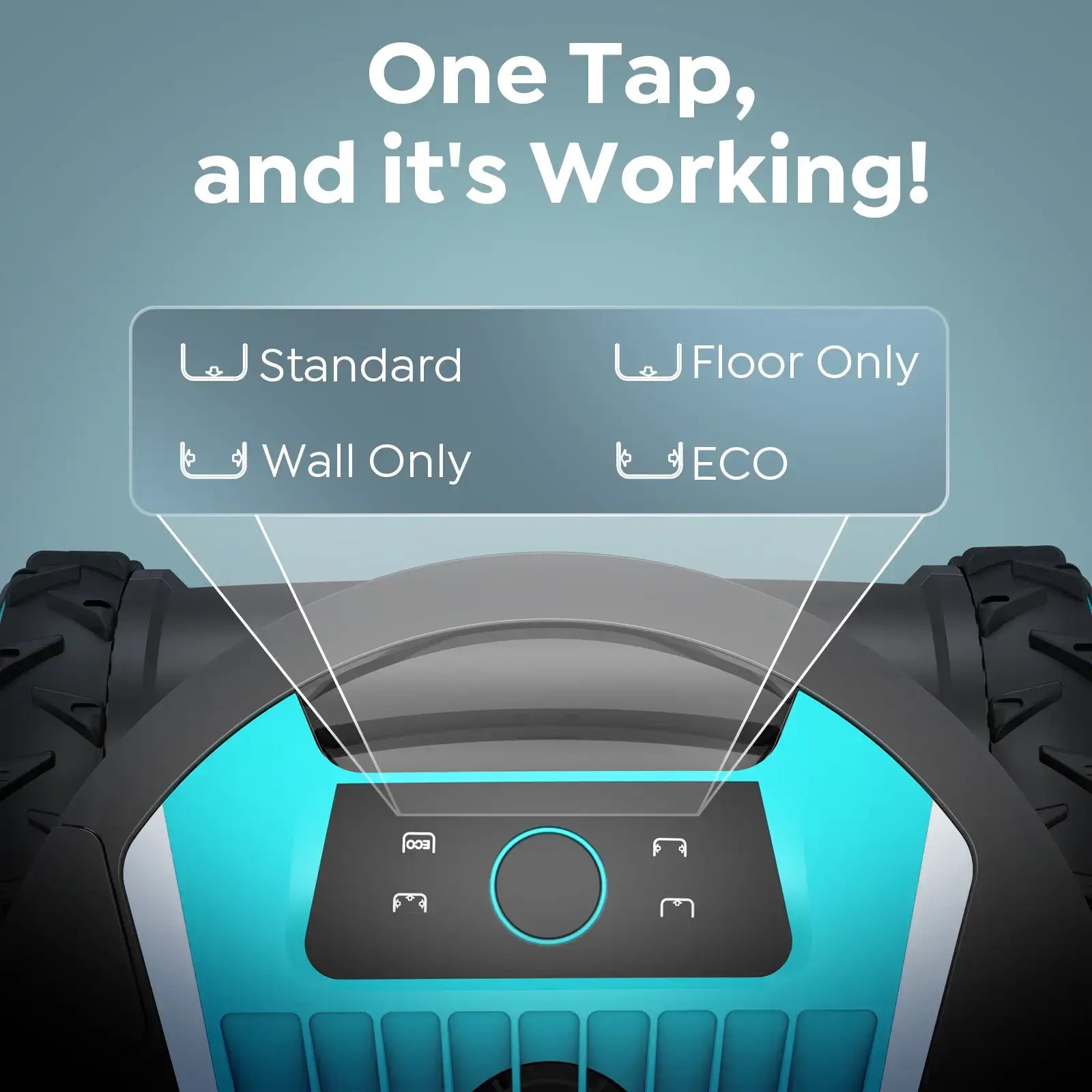 Control panel of a device with labeled options on a blue background