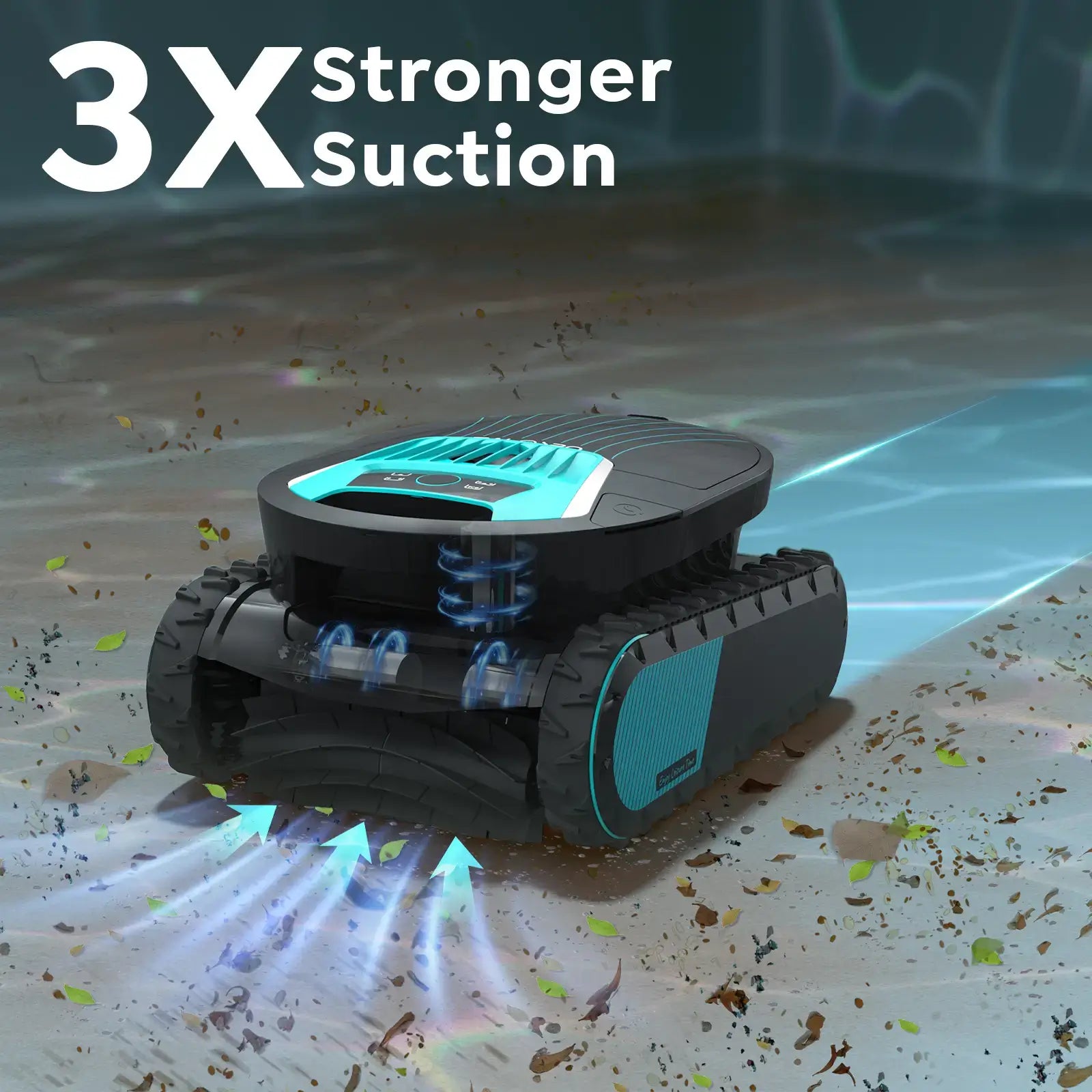 Robotic vacuum cleaner with '3X Stronger Suction' text on a cleaning surface.