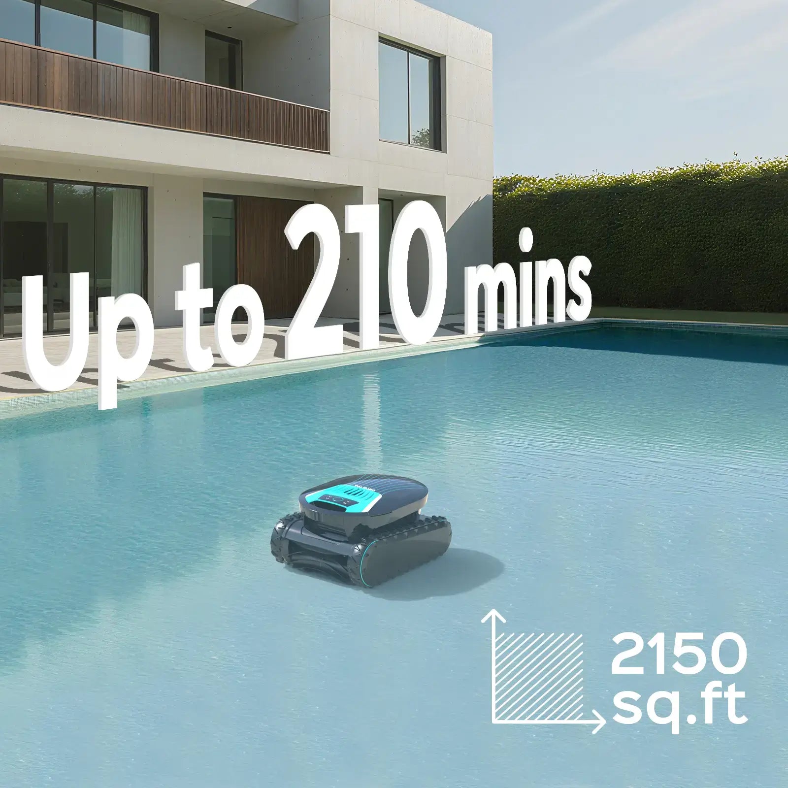Robotic pool cleaner in a pool with text indicating battery life and area coverage.
