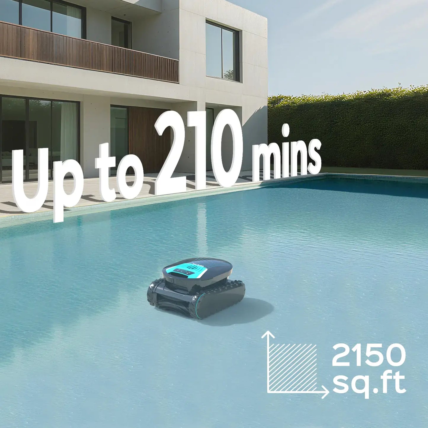 Robotic pool cleaner in a pool with text indicating battery life and area coverage.