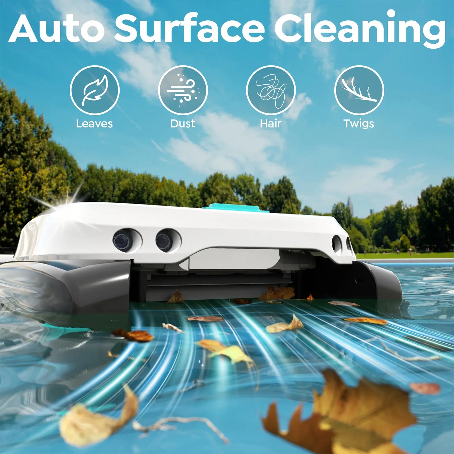 Robotic pool skimmer cleaner cleaning leaves, dust, hair, and twigs from a pool with trees and sky in the background.