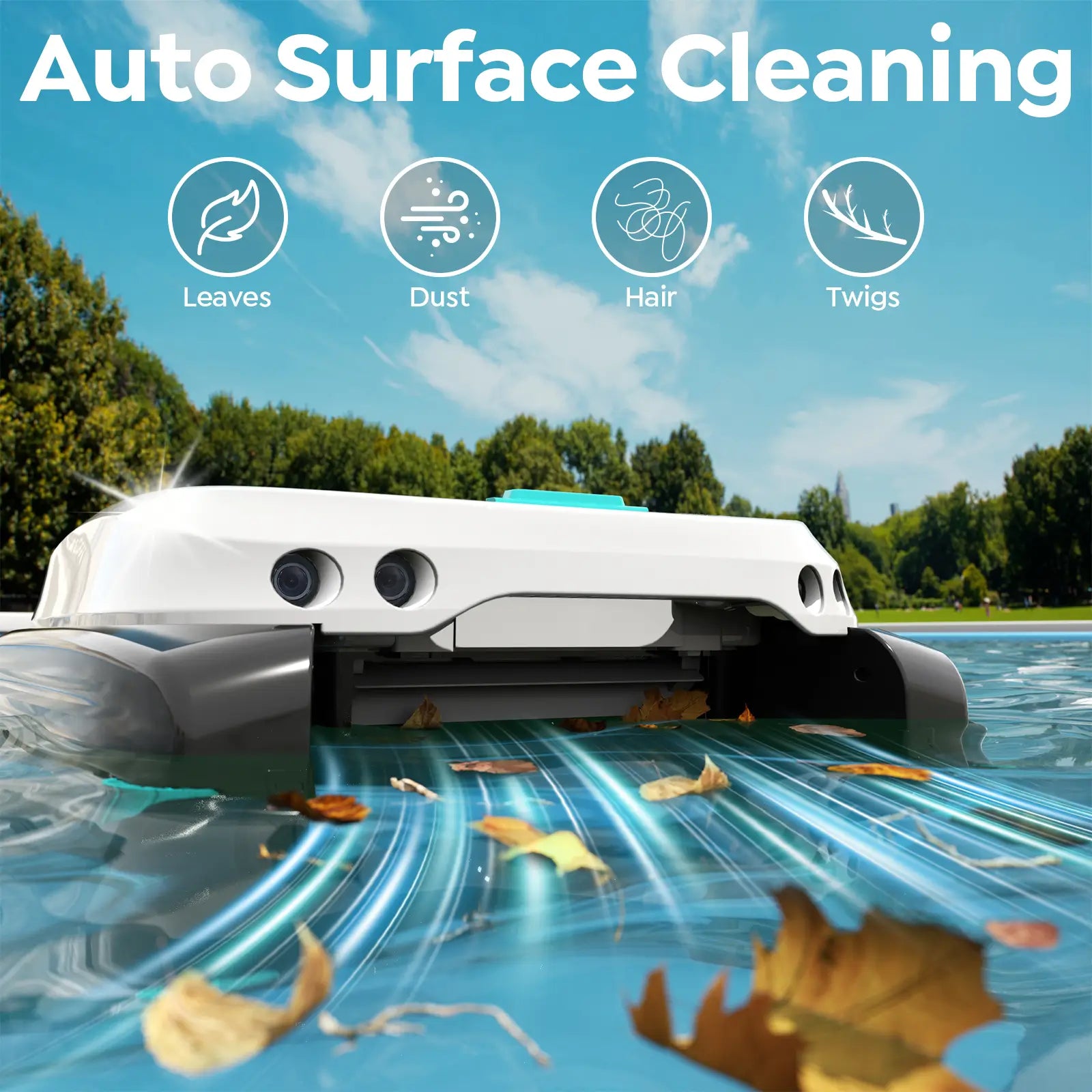 Robotic pool skimmer cleaner cleaning leaves, dust, hair, and twigs from a pool with trees and sky in the background.