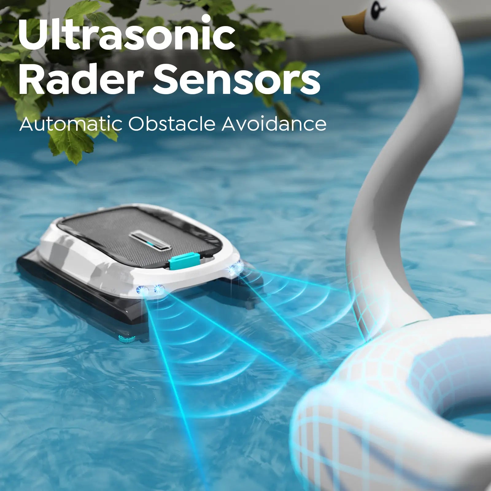 Robotic pool skimmer cleaner with ultrasonic rader sensors in a pool, avoiding a swan.