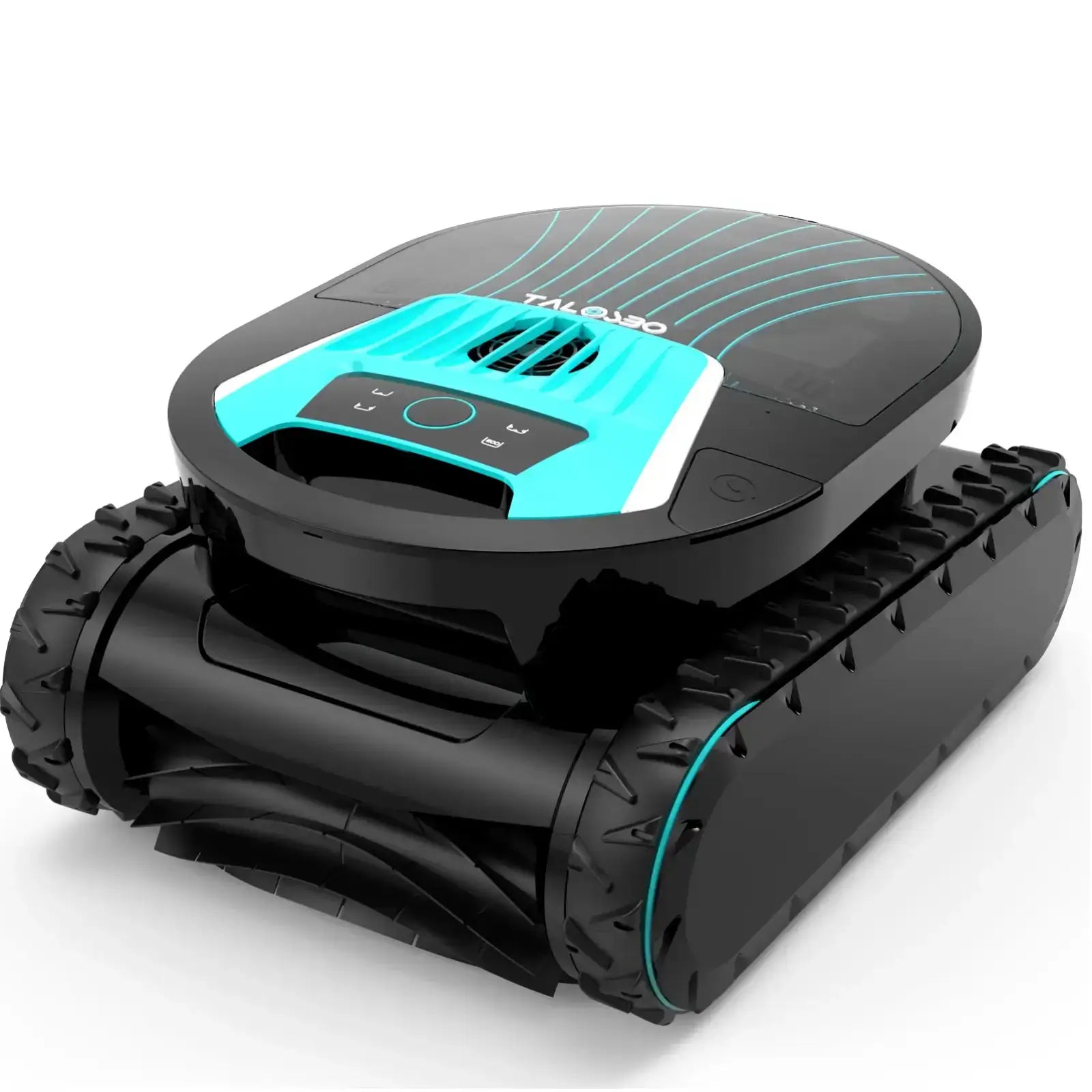 Robotic lawn mower with black and teal design on a white background