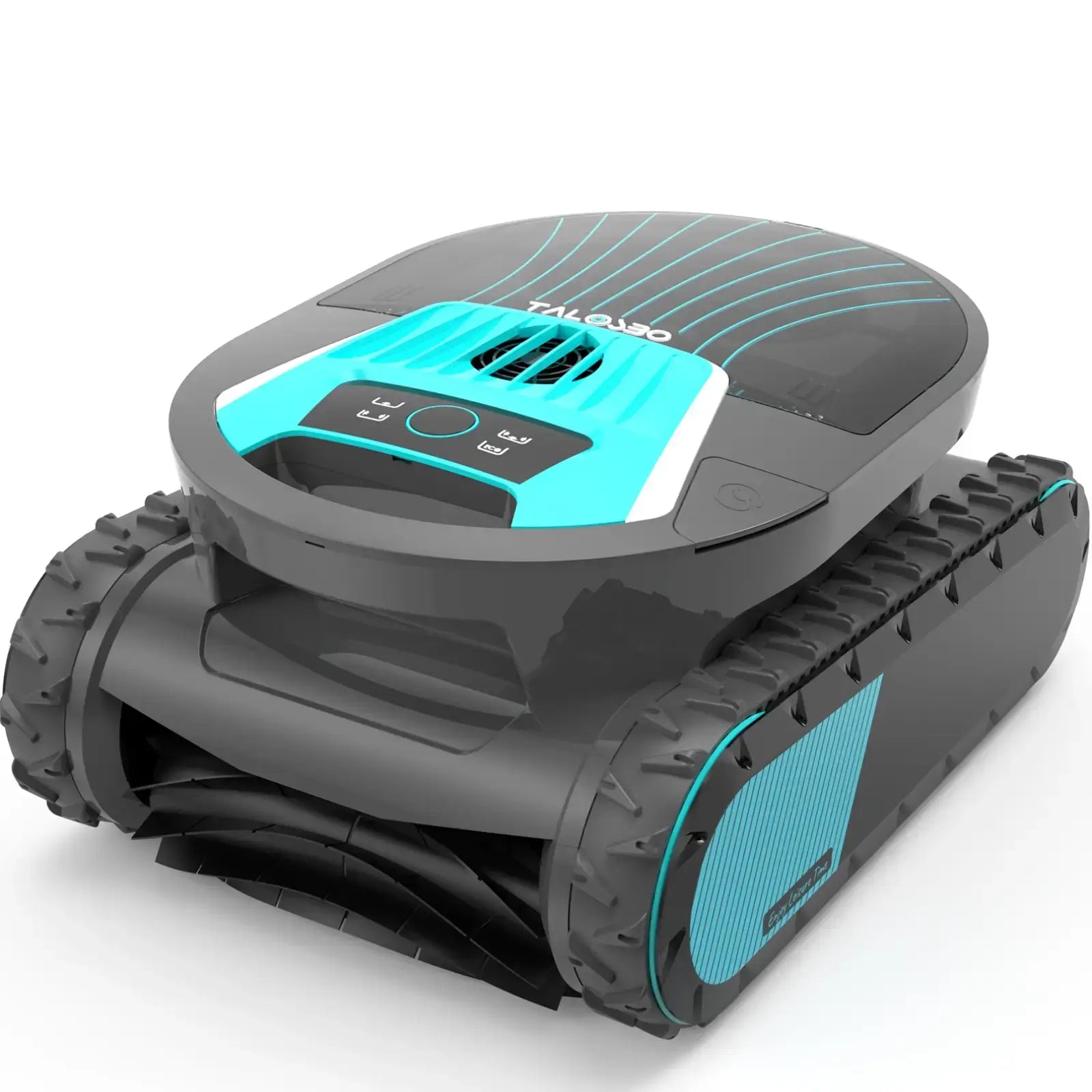 Robotic lawn mower with black and teal design on a white background