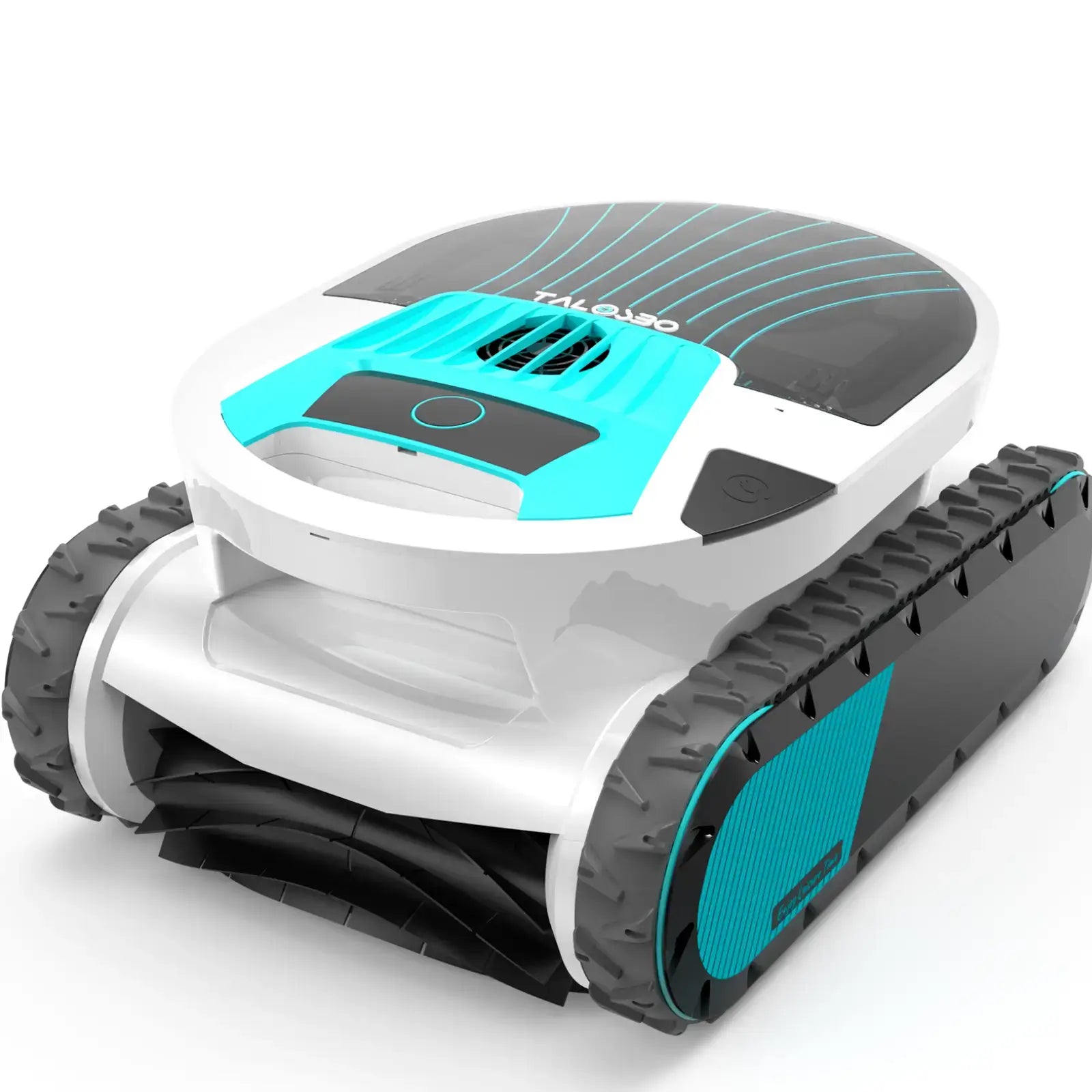 Robotic lawn mower with teal and black design on a white background