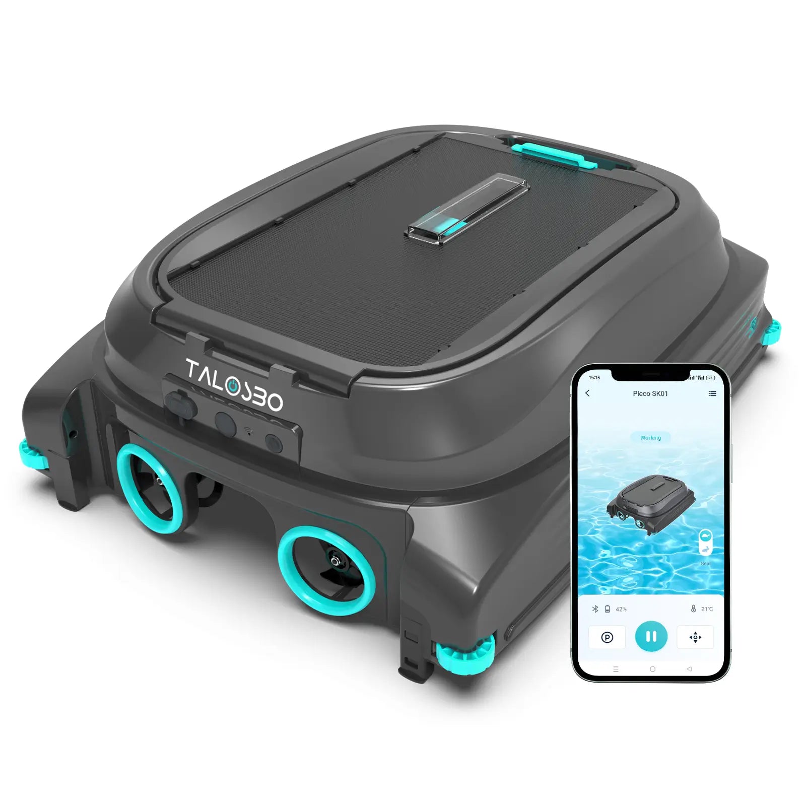 Robotic pool skimmer cleaner with smartphone app interface on a white background