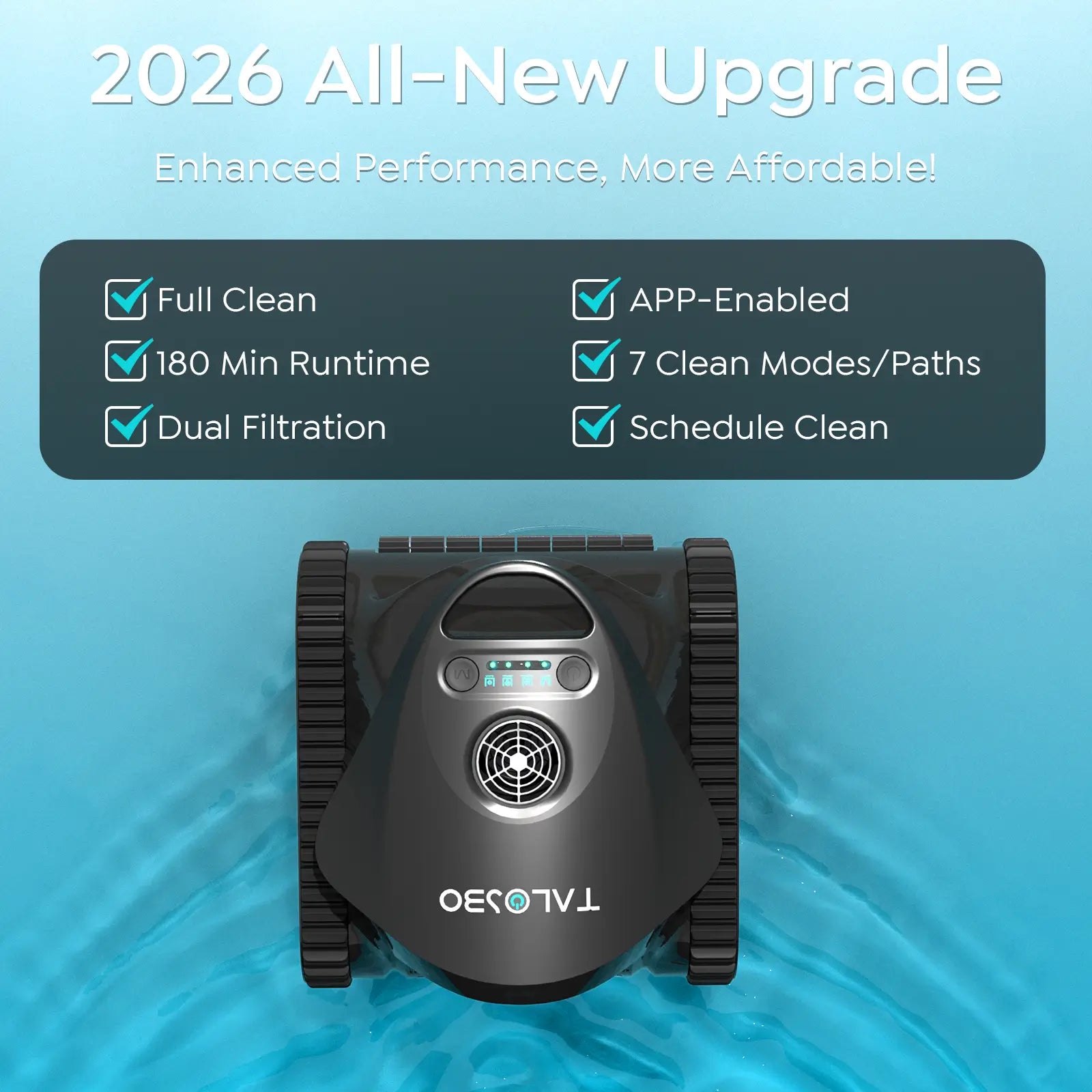 Robotic pool cleaner with features listed on a blue background
