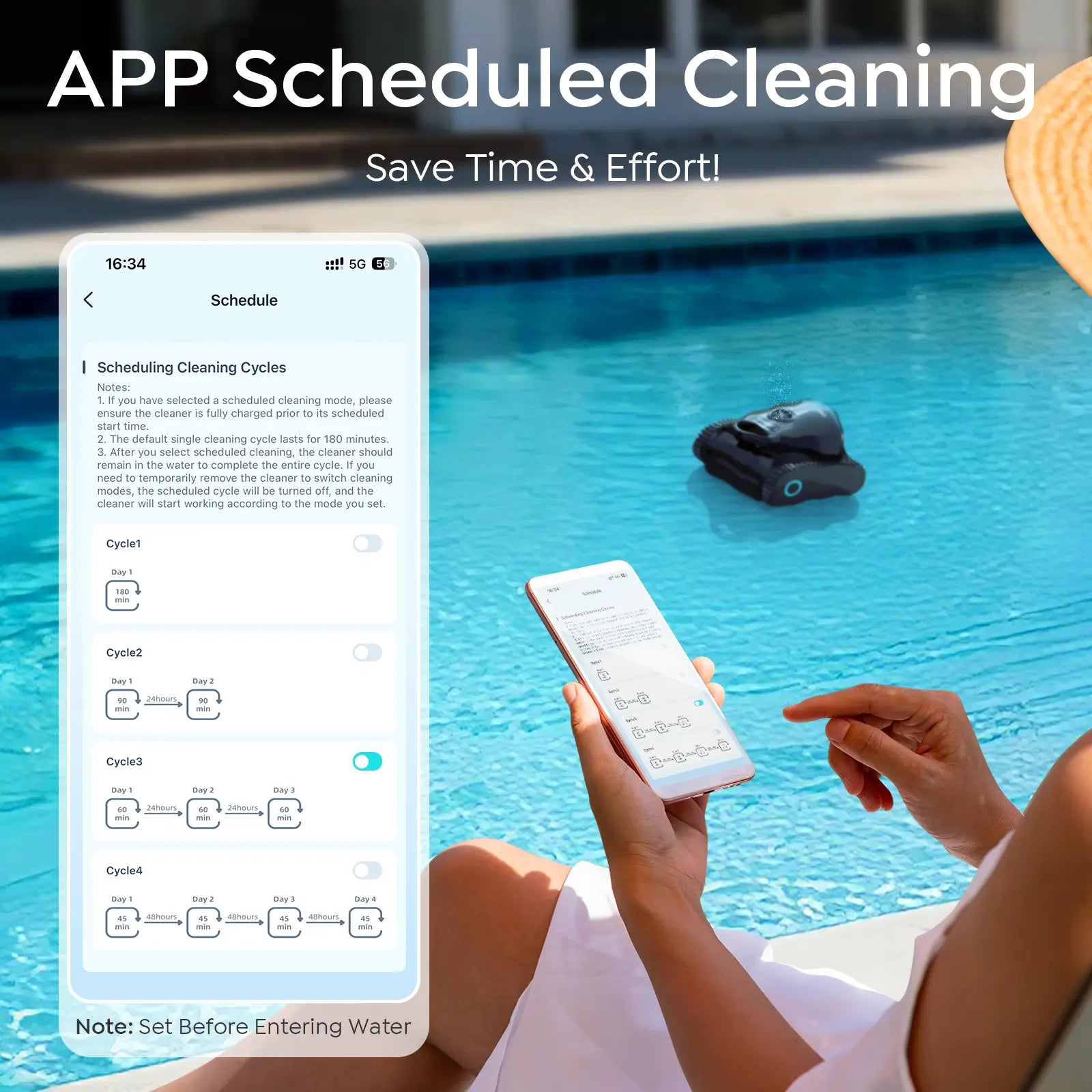 Person using a smartphone app to control a pool cleaning robot with a pool in the background.