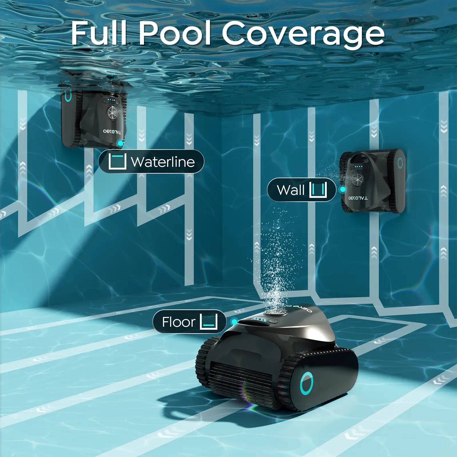 Robotic pool cleaner with underwater coverage map on a pool floor.