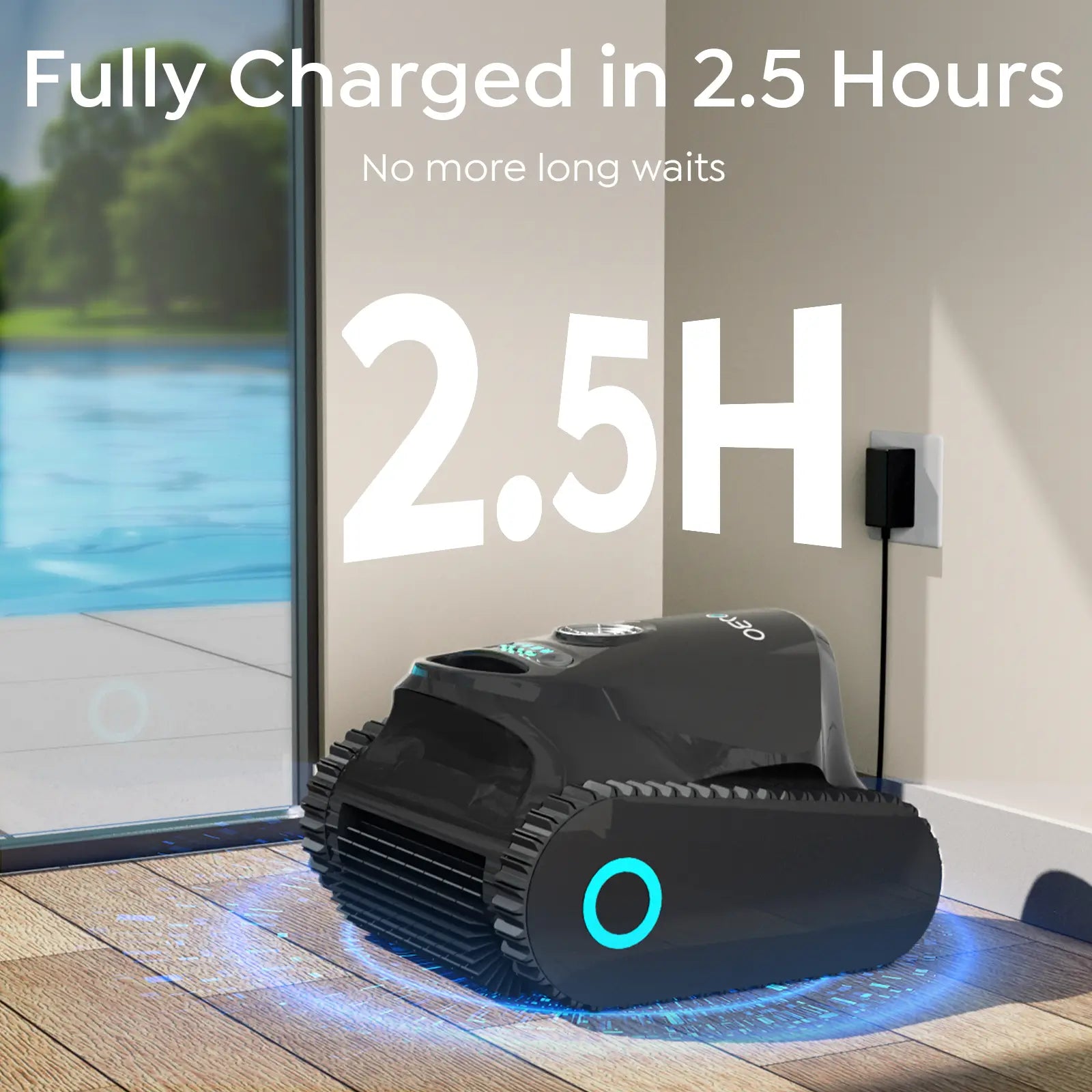 Robotic pool cleaner with charging station and text indicating 2.5-hour charging time by a pool.