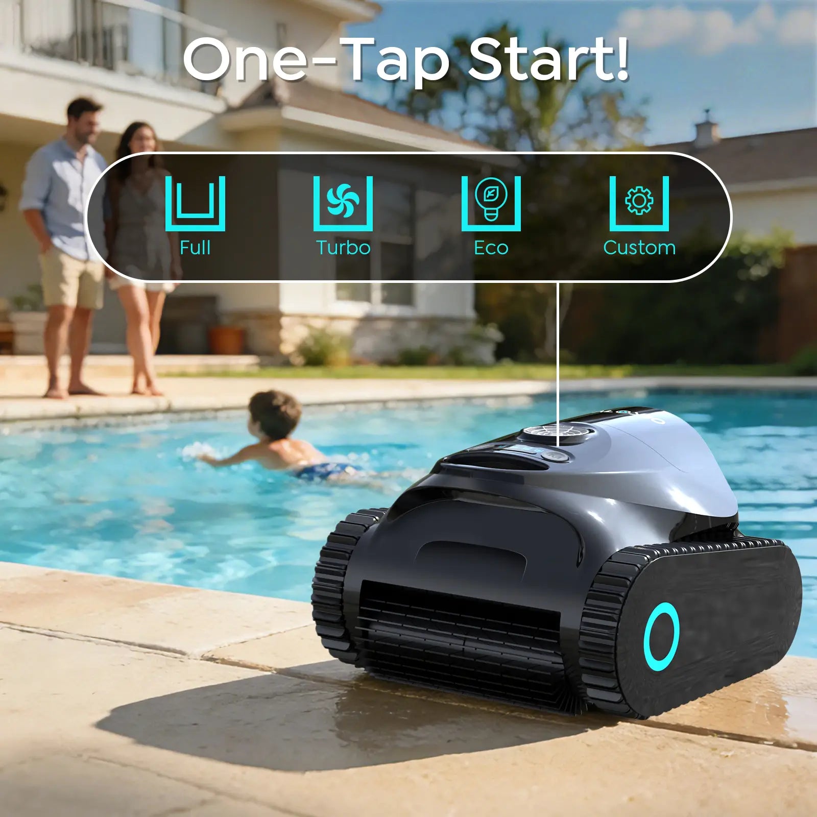 Robotic pool cleaner with control panel on a pool deck, with people and a pool in the background.
