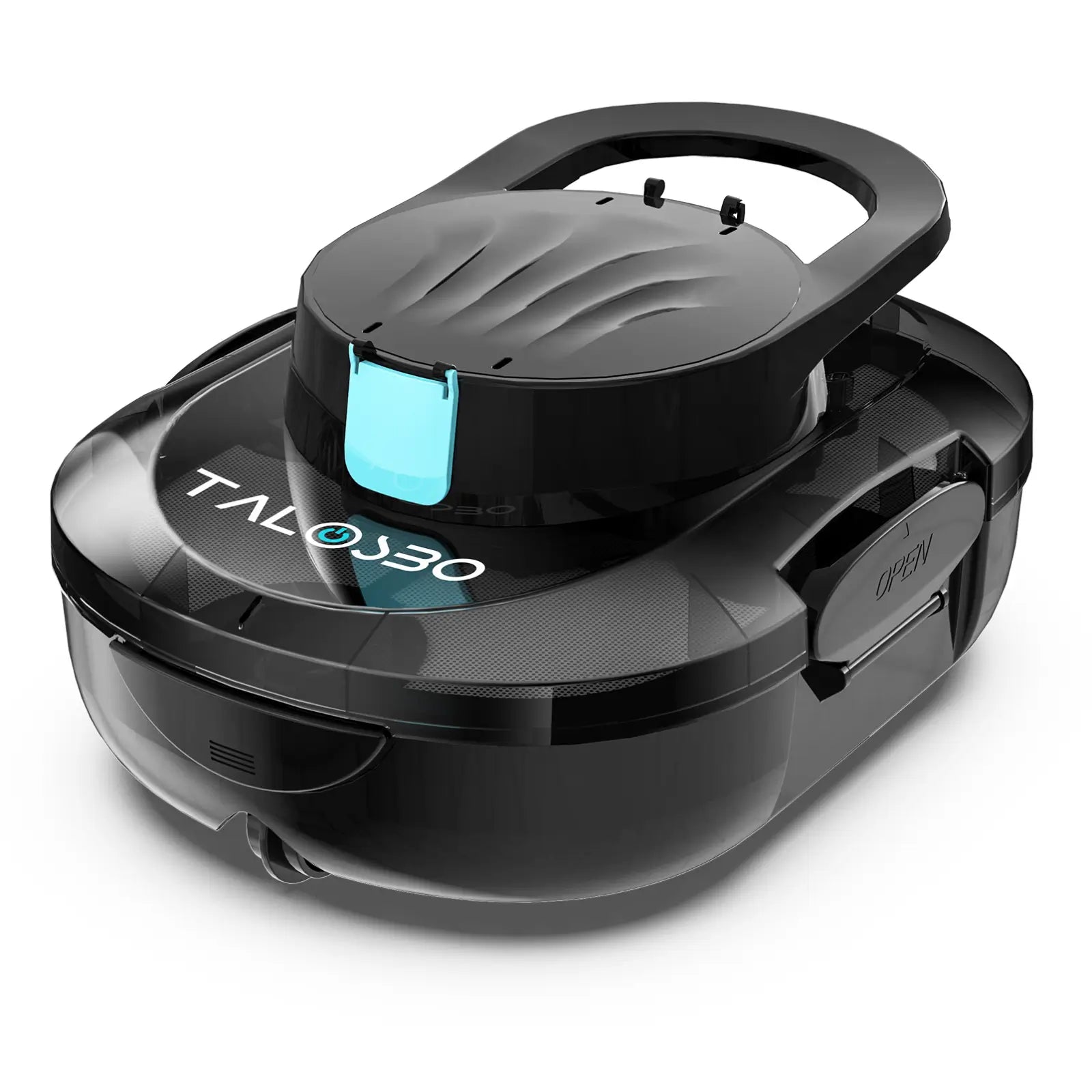 Black robot vacuum cleaner with 'TALOSBO' branding on a white background