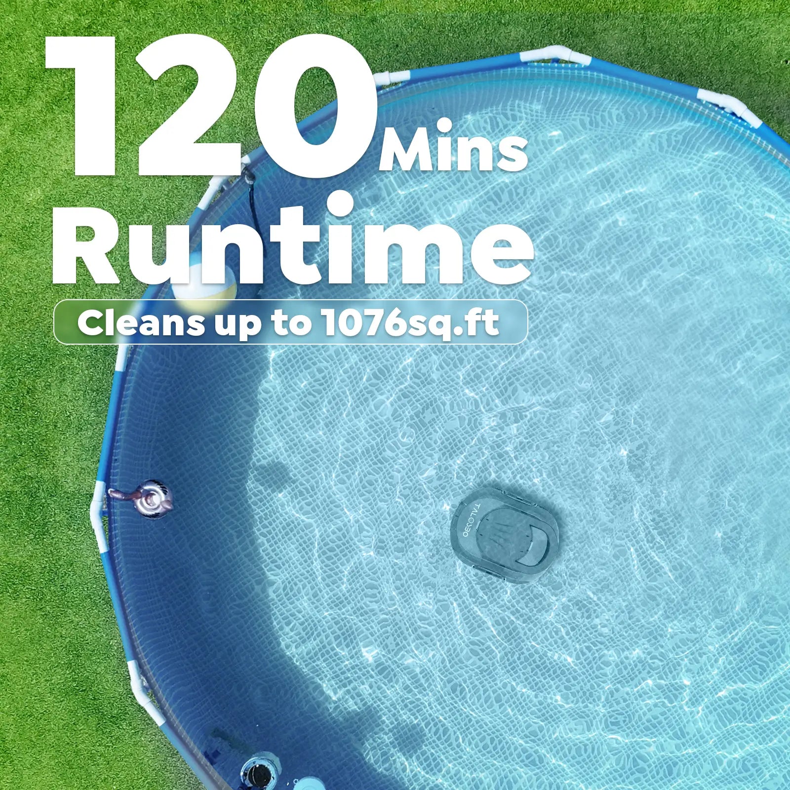 Pool cover with text indicating runtime and area coverage on a grass background