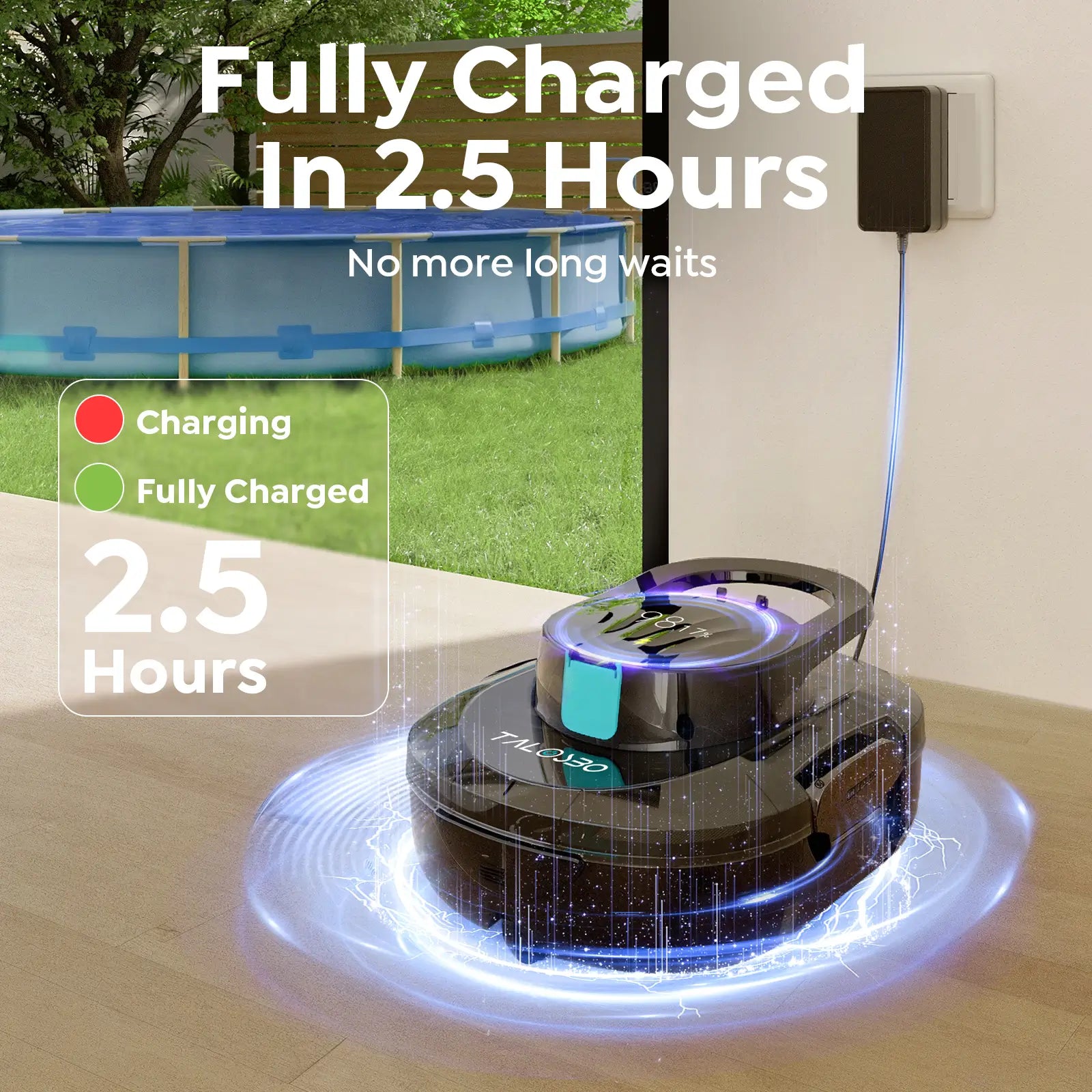 Robotic pool cleaner charging on a wooden surface with text indicating charging time and pool in the background.
