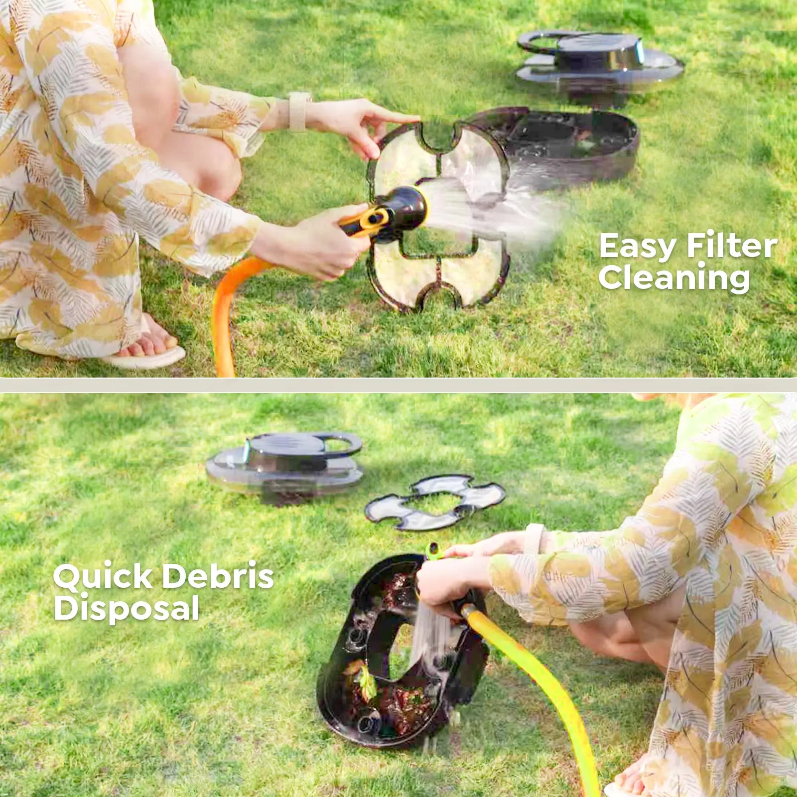 Person using a garden tool with a filter cleaning mechanism and debris disposal feature on grass.