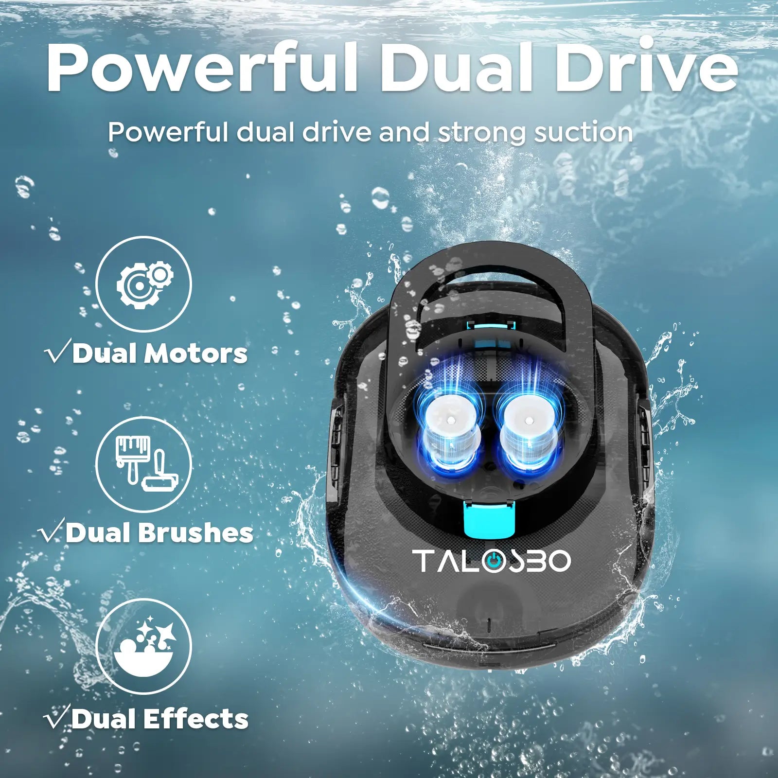 Robotic vacuum cleaner with dual motors and brushes on a water-themed background, featuring the brand 'Talosbo'.