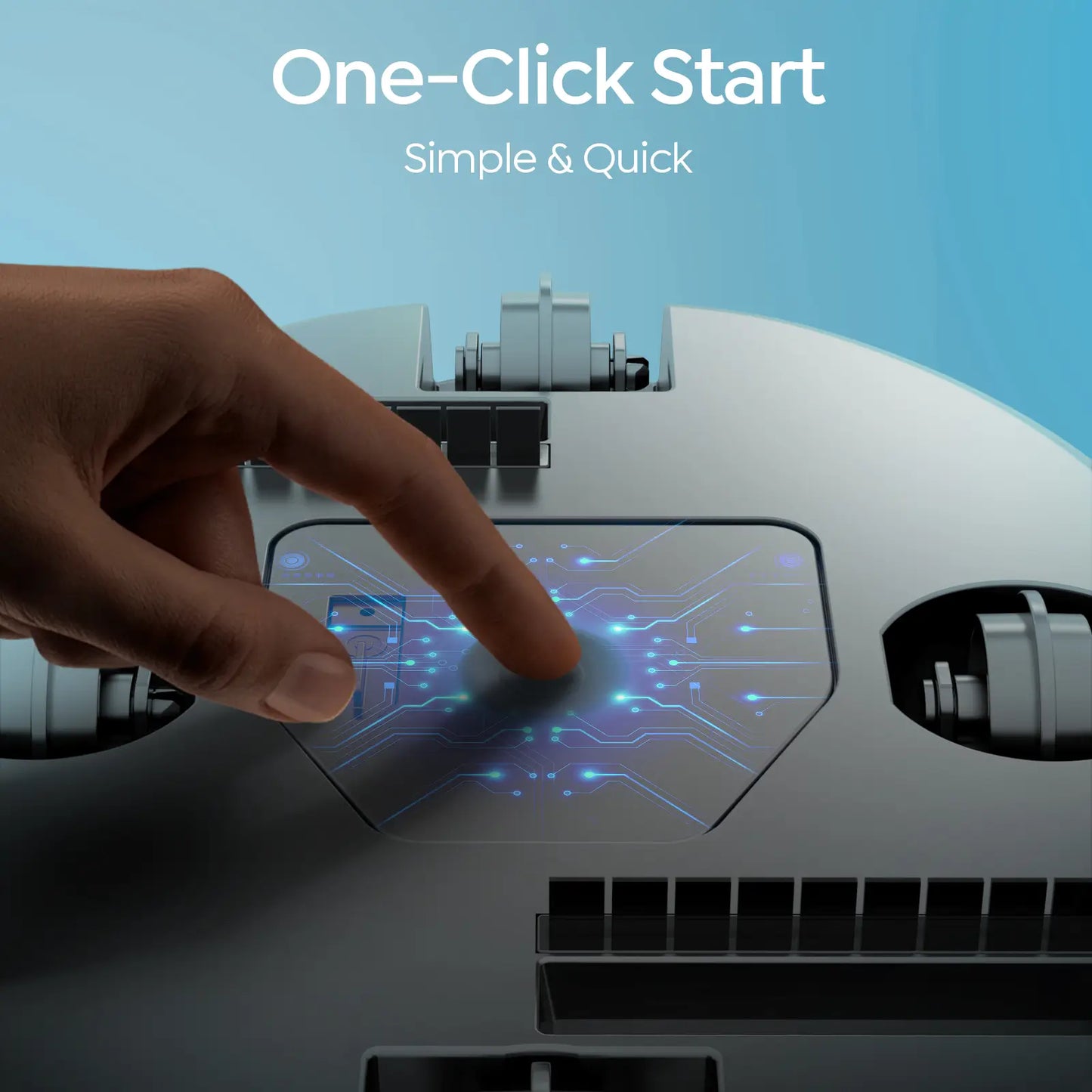 Hand interacting with a futuristic touch screen interface on a high-tech device with 'One-Click Start' text.