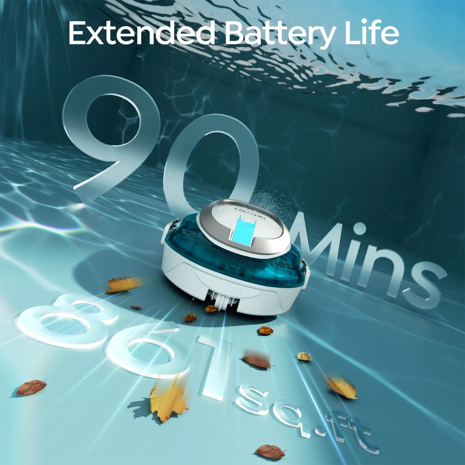 Robotic vacuum cleaner with text indicating extended battery life on a water surface
