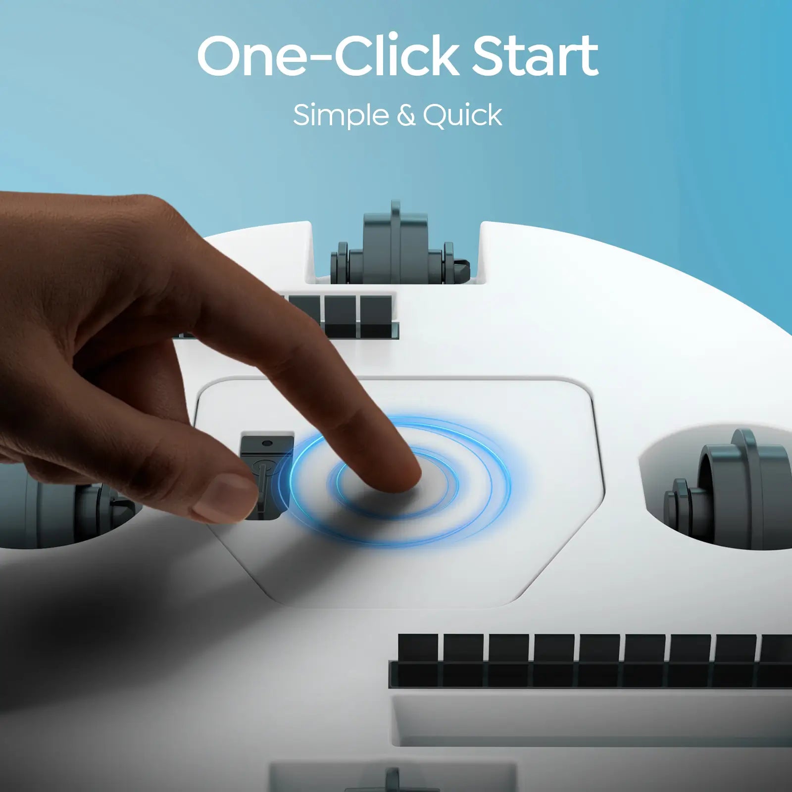 Hand pressing a button on a device with 'One-Click Start' text above
