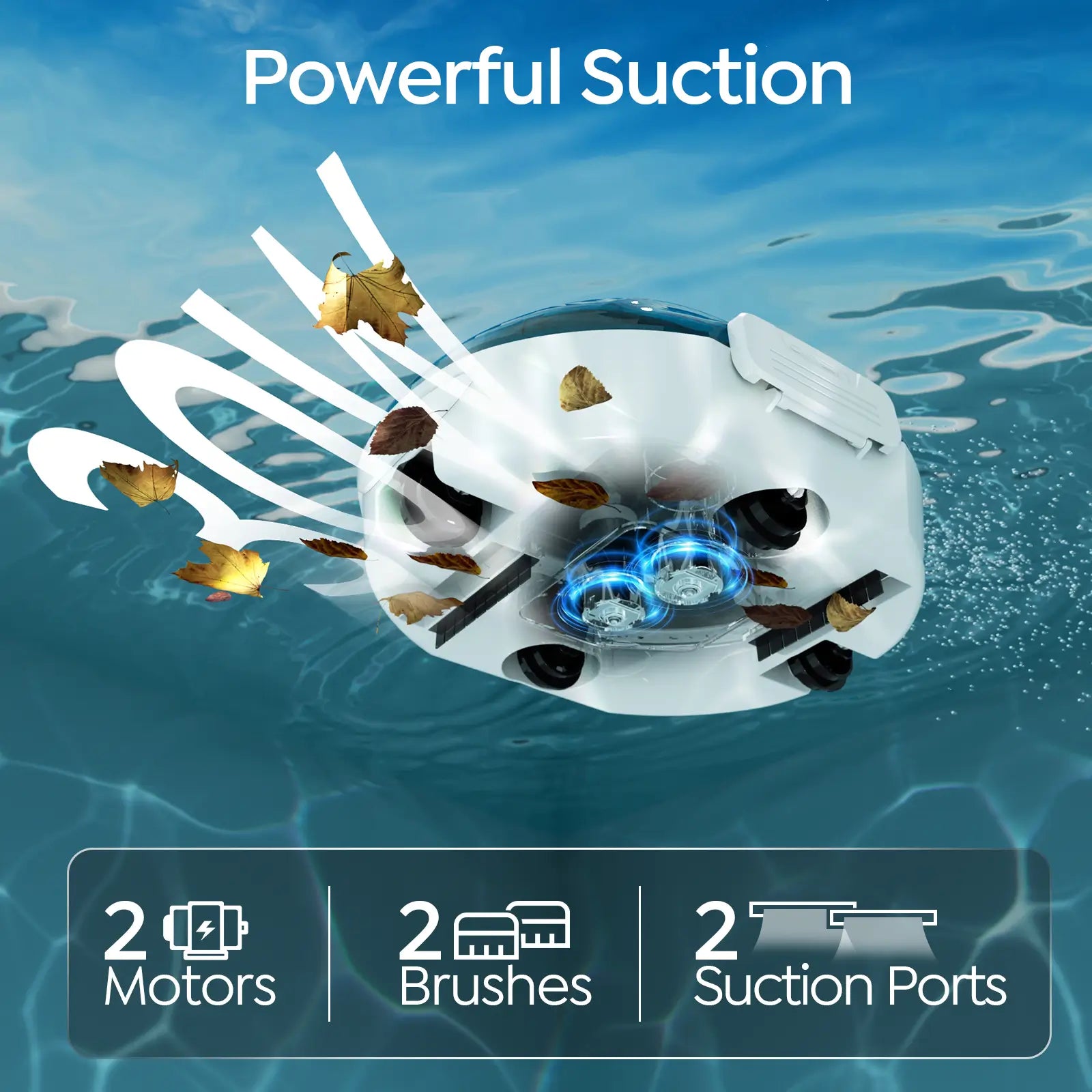 Underwater cleaning device with powerful suction capabilities, shown in water.