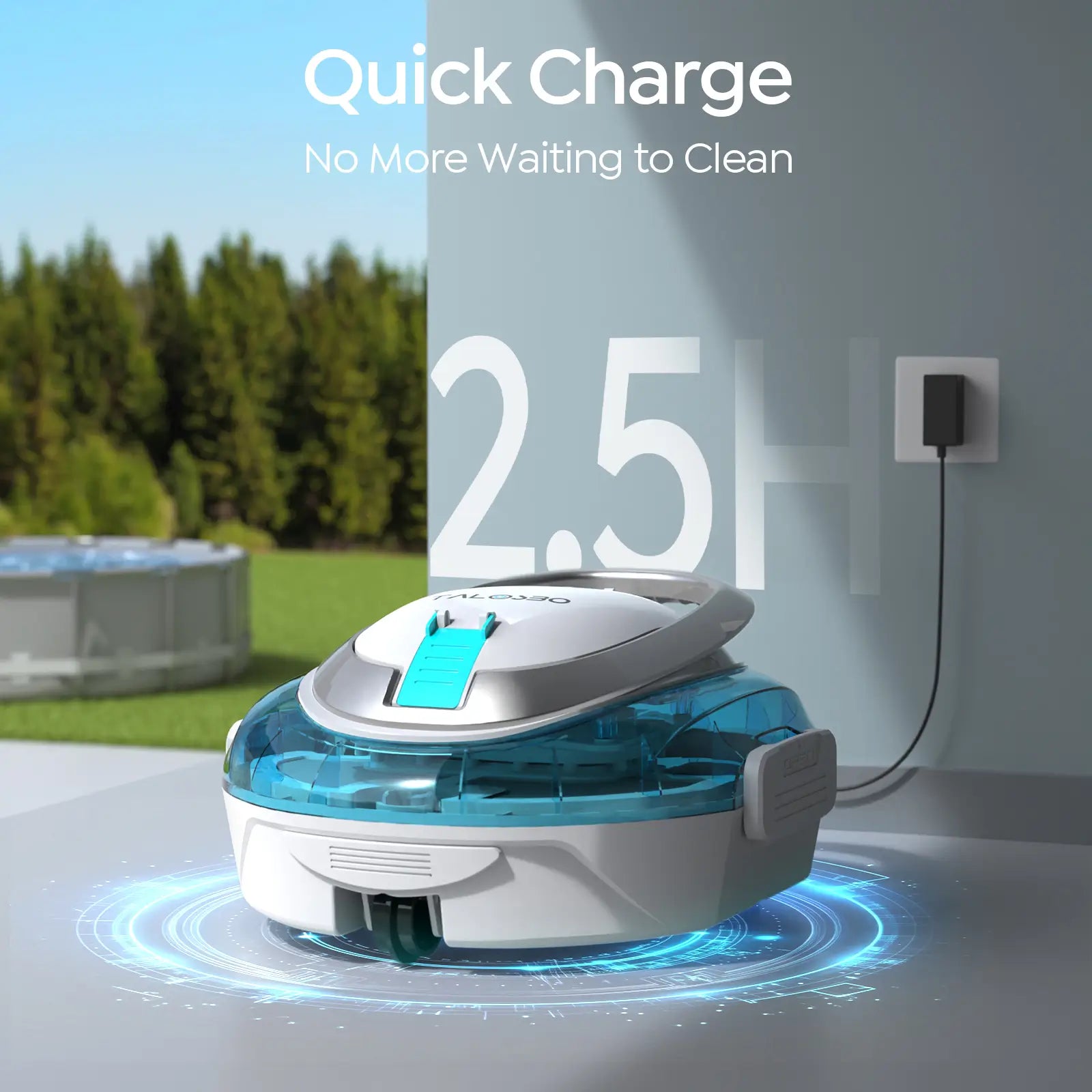 Robotic pool cleaner with quick charge feature on a background of a pool and trees.
