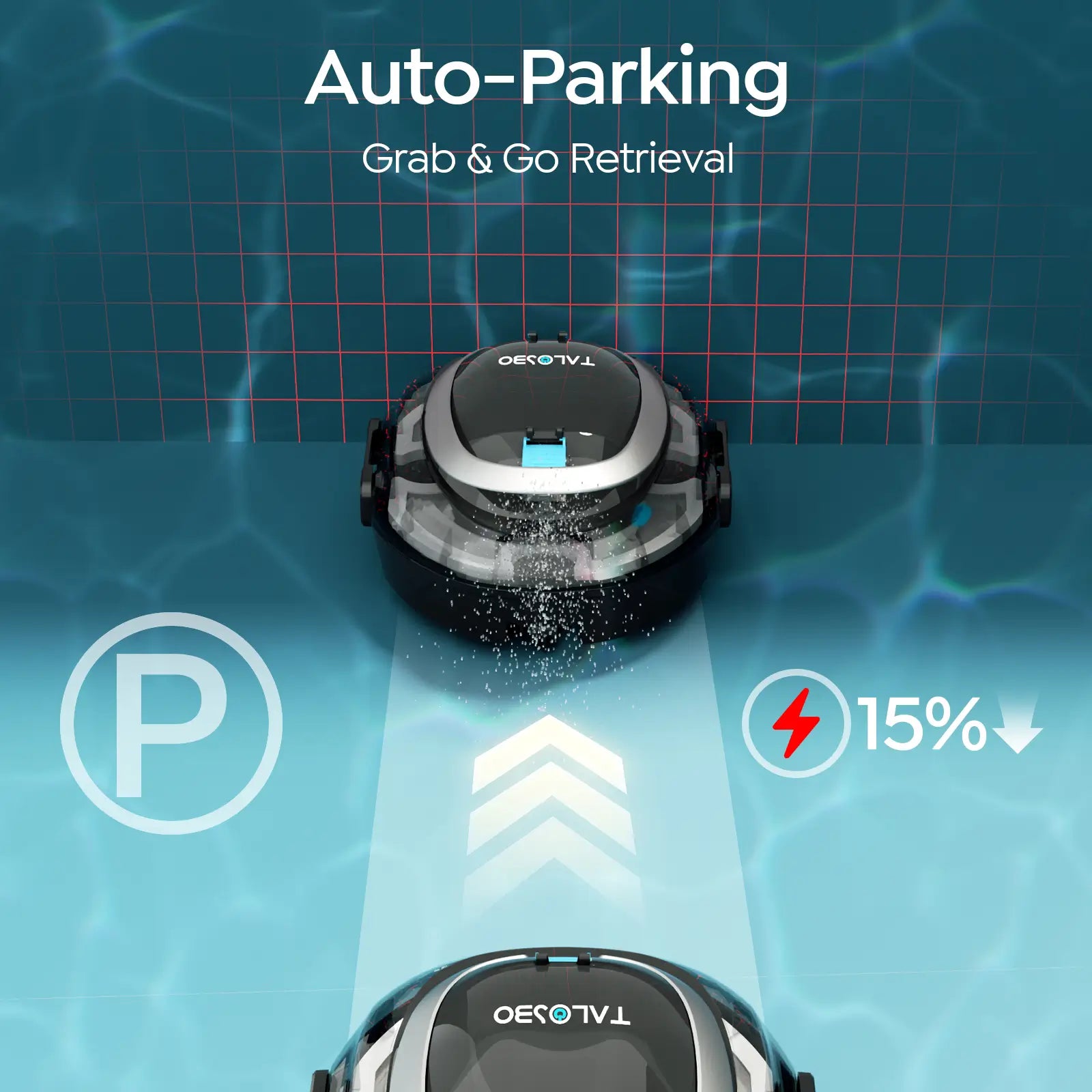 Robotic pool cleaner with auto-parking feature on a blue grid background