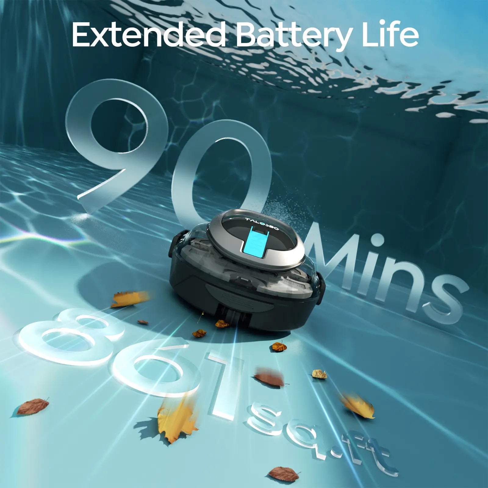 Robotic vacuum cleaner on water with 'Extended Battery Life' text and '90 Mins' displayed.