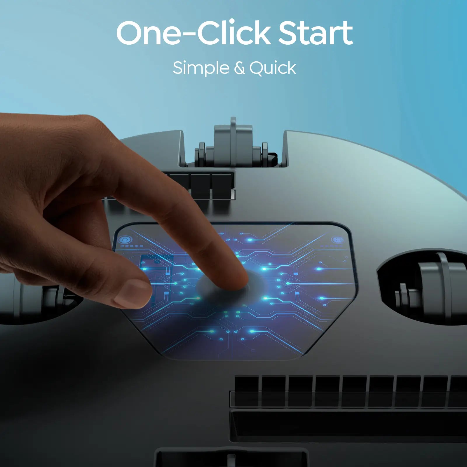 Hand interacting with a futuristic touch screen interface on a high-tech device.