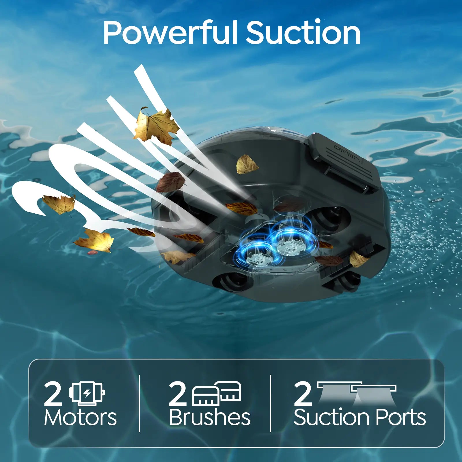 Underwater cleaning device with powerful suction on a water background