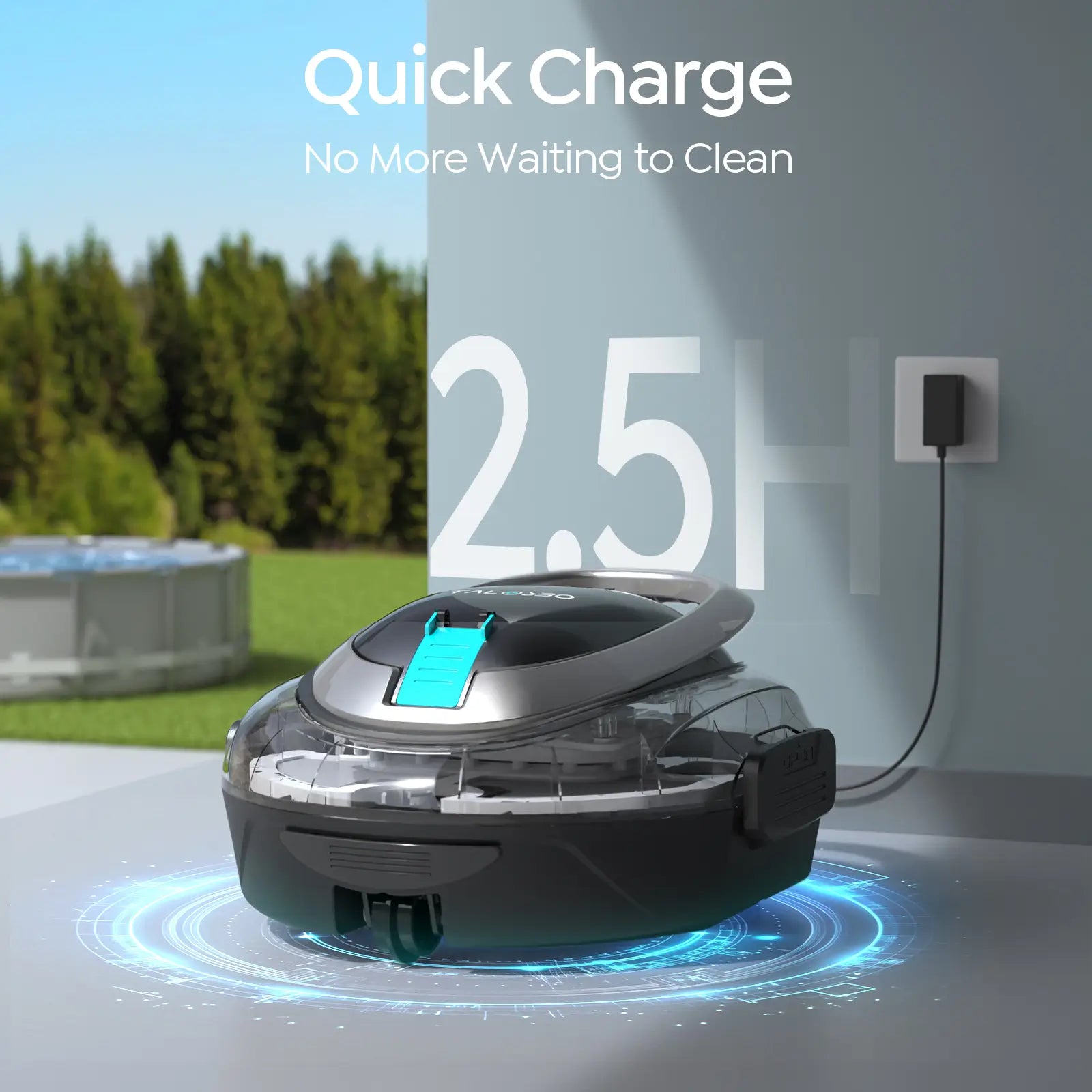 Robotic pool cleaner charging on a surface with 'Quick Charge' text and outdoor background.